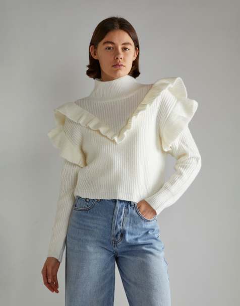 Glamorous High neck jumper with ruffle detail in off white - view 1
