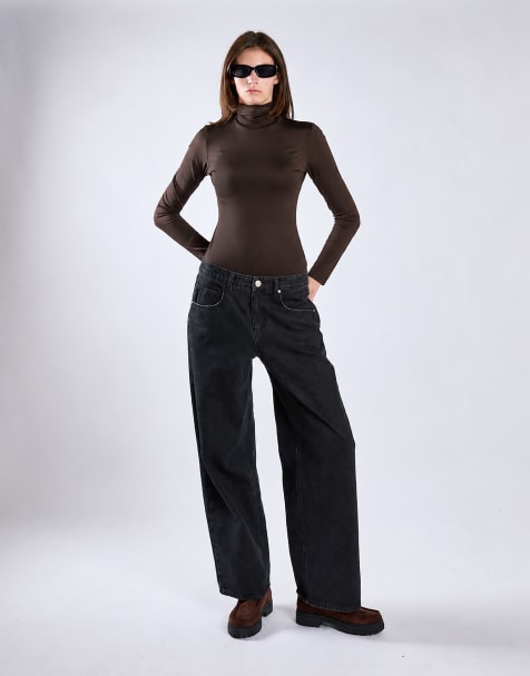 Glamorous High-neck long sleeves bodysuit in deep brown - view 1