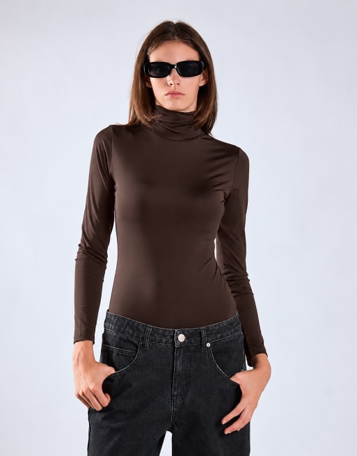 Glamorous High-neck long sleeves bodysuit in deep brown, 2 of 4