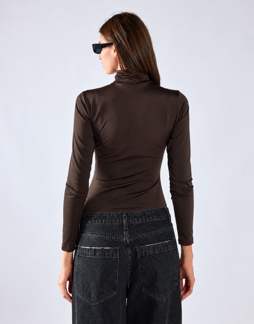 Glamorous High-neck long sleeves bodysuit in deep brown, 3 of 4