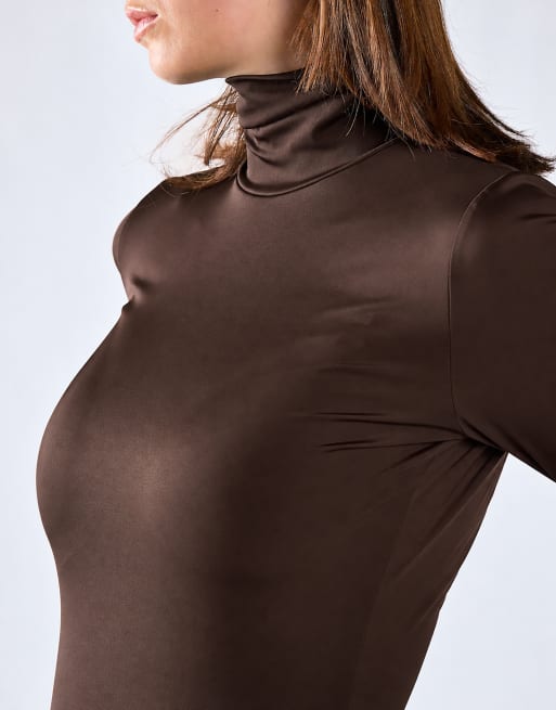 Glamorous High-neck long sleeves bodysuit in deep brown, 4 of 4