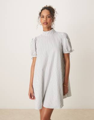 glamorous high neck mini smock dress in white and black stripe