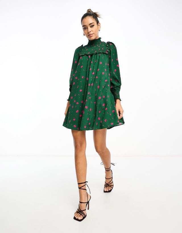 Glamorous - high neck mini smock dress with shirring in green pink floral