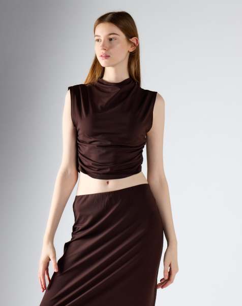 Glamorous High neck ruched crop top in brown - view 1