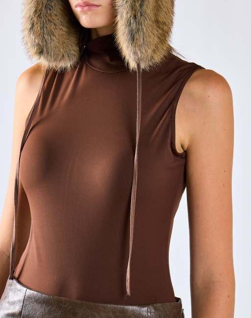 Glamorous High neck sleeveless bodysuit in deep brown, 4 of 4