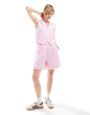 Glamorous high waisted city shorts in pink white stripe co-ord - view 1