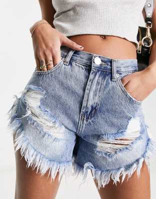 Glamorous Glamorous high waisted denim shorts with distressing in blue