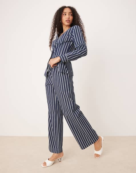 Glamorous high waisted drawstring straight leg trousers in blue denim stripe - view 1