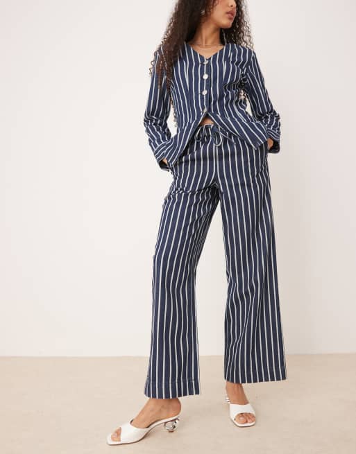 Glamorous high waisted drawstring straight leg trousers in blue denim stripe, 2 of 5