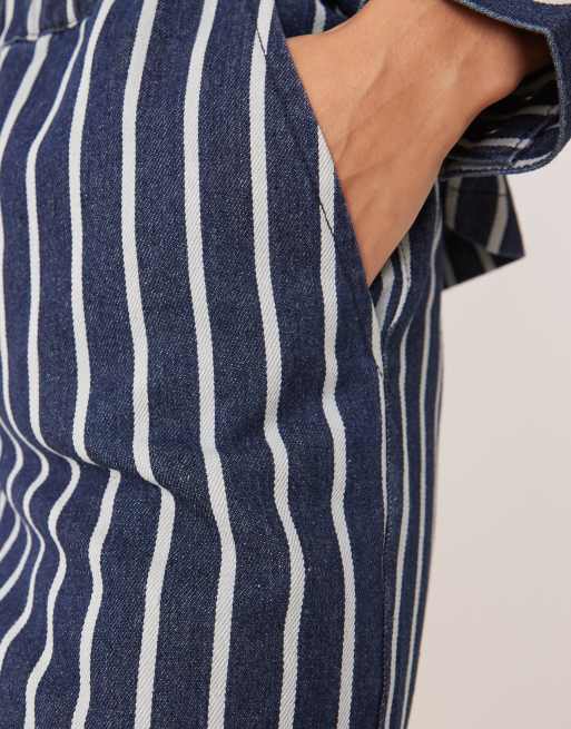 Glamorous high waisted drawstring straight leg trousers in blue denim stripe, 3 of 5