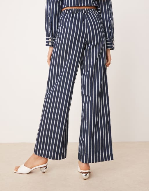 Glamorous high waisted drawstring straight leg trousers in blue denim stripe, 4 of 5
