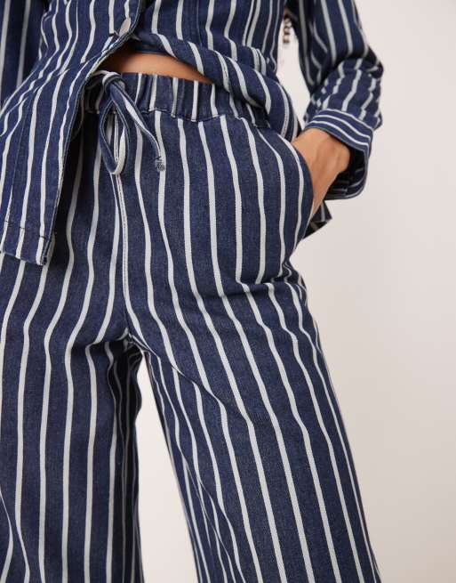 Glamorous high waisted drawstring straight leg trousers in blue denim stripe, 5 of 5