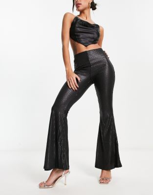 Glamorous High Waisted Flare Pants In Matte Black Sequin - Part Of A Set