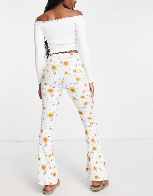 Bell Bottom Denim Pants for Women High Waist Sunflower Printed