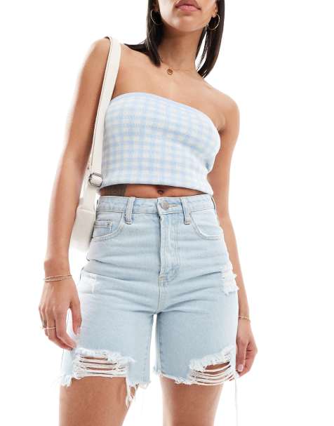 Glamorous high waisted longer line denim shorts in 90s blue - view 1