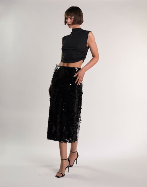 Glamorous High-waisted midi-skirt in black square sequin - view 1