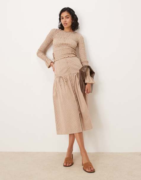 Glamorous high waisted midi skirt with bow details in light brown check co-ord - view 1