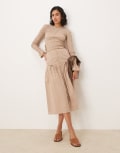 [Glamorous] Glamorous high-waisted midi skirt with bow details in light brown check (Part of a set) 14 Light brown check