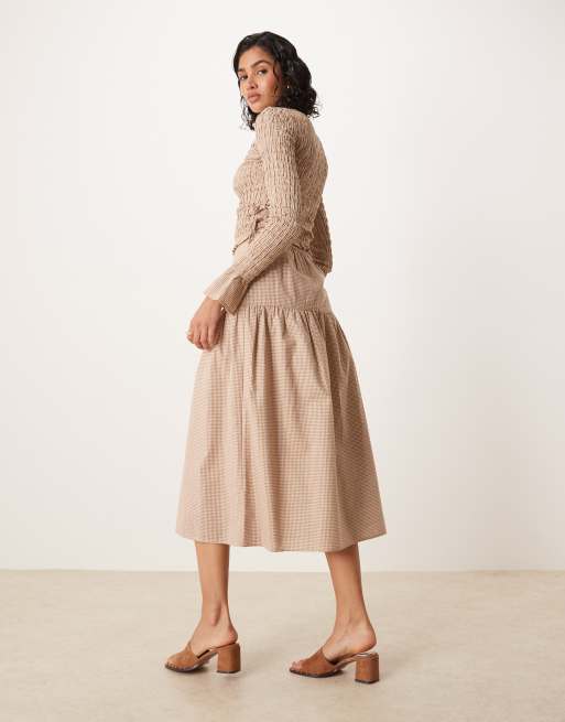 Glamorous high-waisted midi skirt with bow details in light brown check (Part of a set), 2 of 5