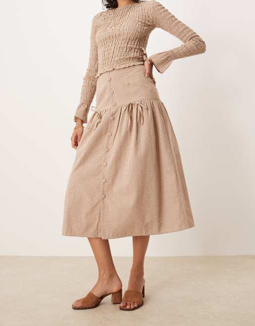 Glamorous high-waisted midi skirt with bow details in light brown check (Part of a set), 3 of 5