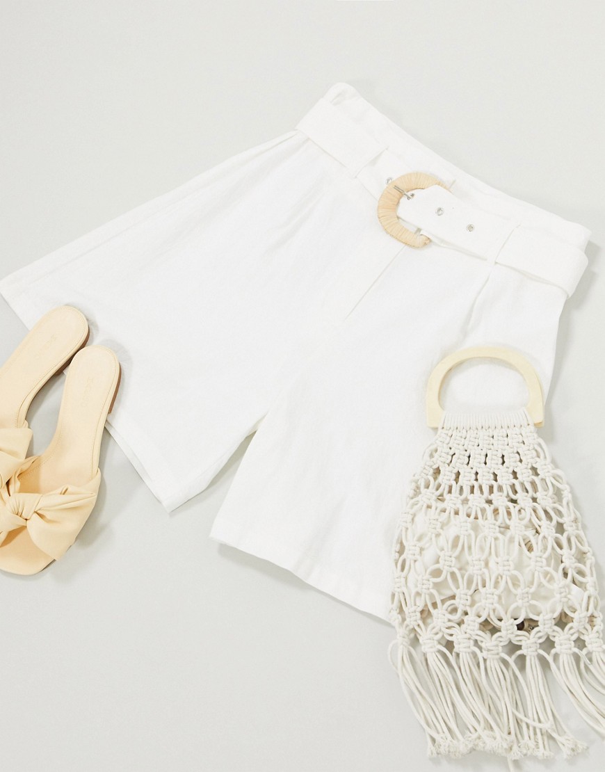 Glamorous high waisted relaxed shorts with belt detail-White