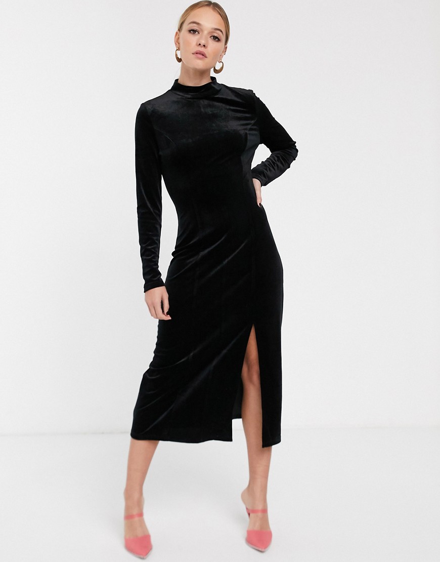 Glamorous - Hoogsluitende fluwelen midi-jurk-Zwart