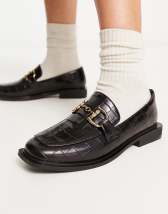 Topshop Clara leather flat loafers with chain in black croc | ASOS