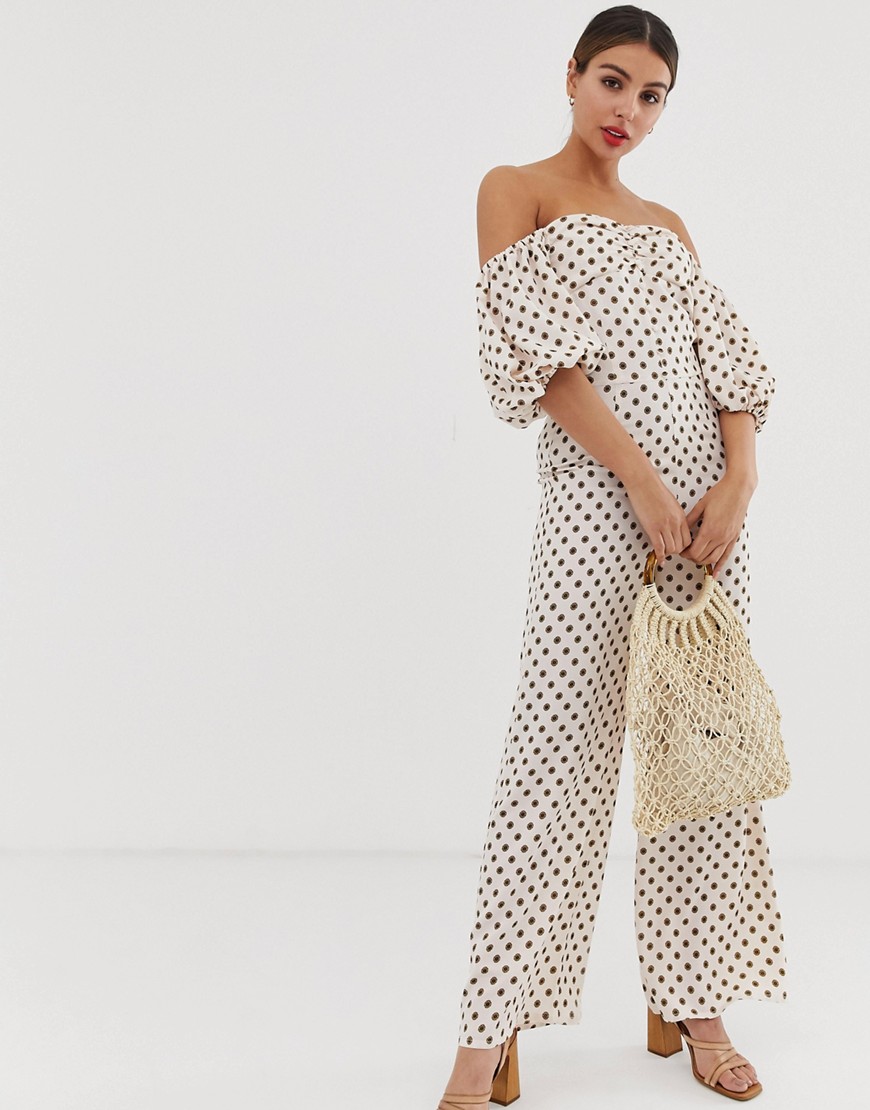 Glamorous Jumpsuit With Puff Sleeves In Floral Polka Dot-white