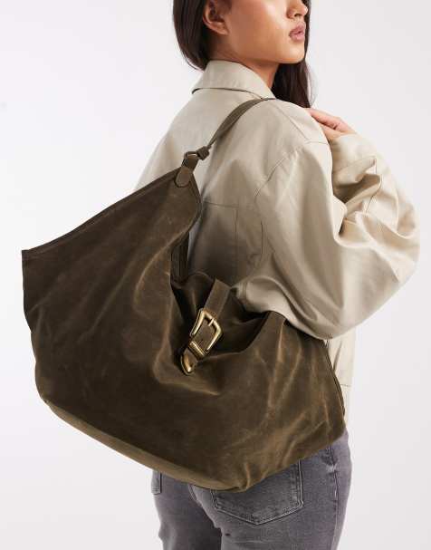 Glamorous – Kakigrön, slouchy toteväska i mockaimitation med axelrem och metallspänne - view 1