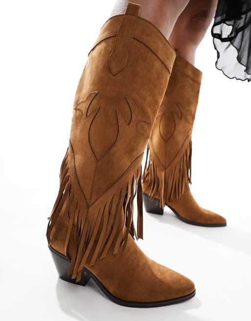 Glamorous – Kastanjebruna, knähöga boots i cowboystil med fransar, 2 av 4