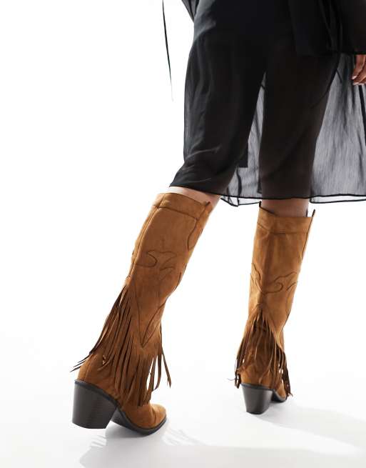 Glamorous – Kastanjebruna, knähöga boots i cowboystil med fransar, 4 av 4