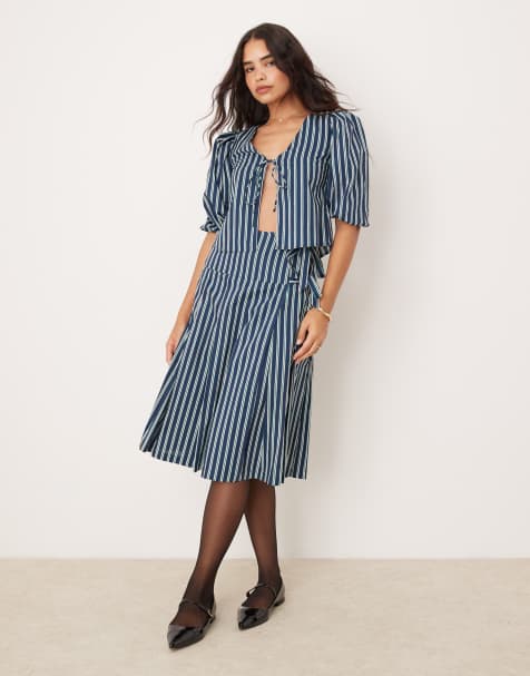 Glamorous - Kilt al polpaccio verde a righe con allacciature laterali in coordinato - view 1