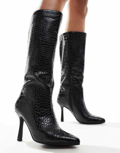 Glamorous kitten heel knee boots in black croc - view 1