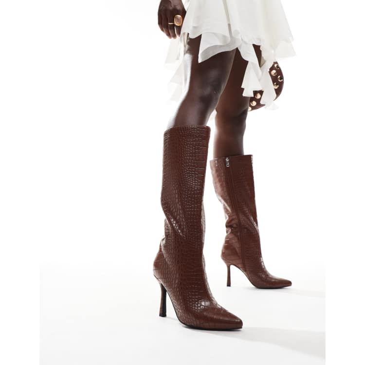 Boohoo Wide Fit Black Croc Knee High Boots Coco-effect Heeled Boots