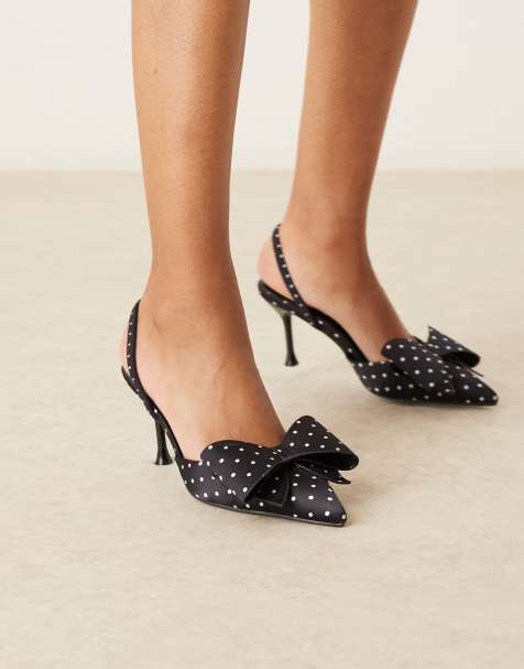Glamorous kitten heel mules in black and white polka dot - view 1