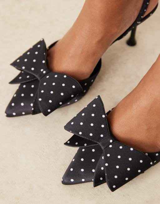 Glamorous kitten heel mules in black and white polka dot, 3 of 4