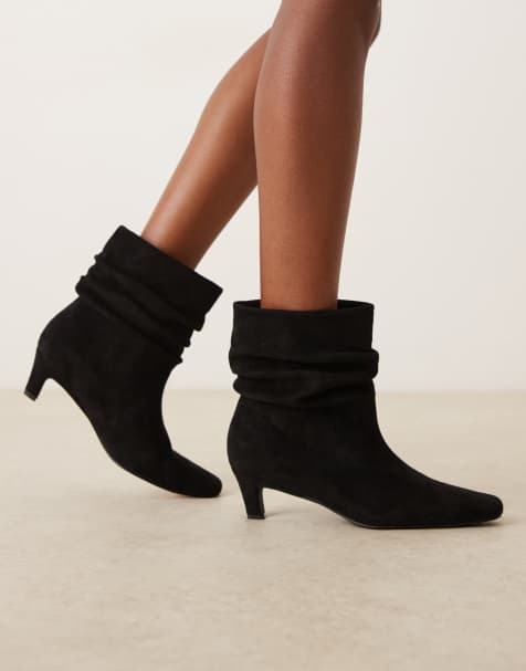 Glamorous kitten heel ruched mid ankle boots in black micro - view 1