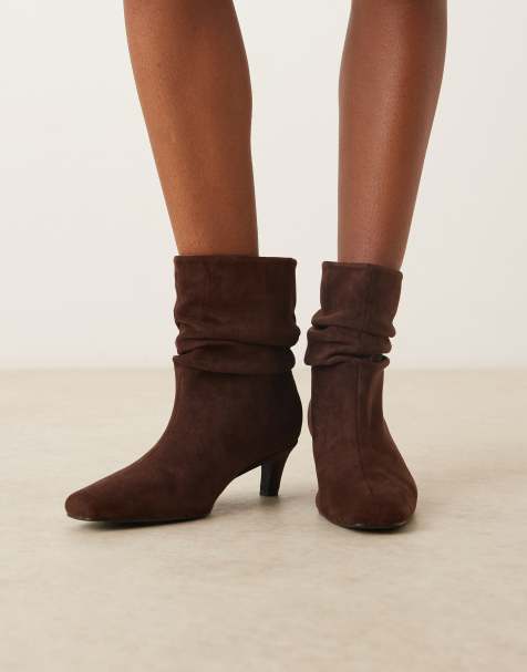 Glamorous kitten heel ruched mid ankle boots in brown micro - view 1