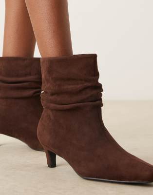 Glamorous Kitten Heel Ruched Mid Ankle Boots In Brown