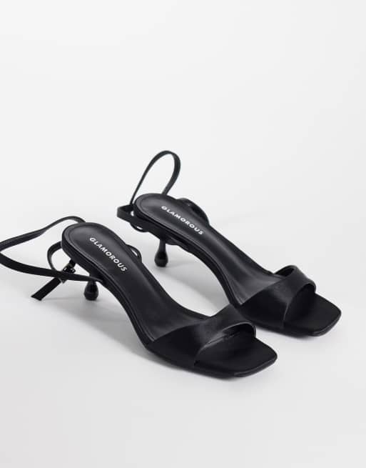 Glamorous kitten heel sandals in black satin, 2 of 4