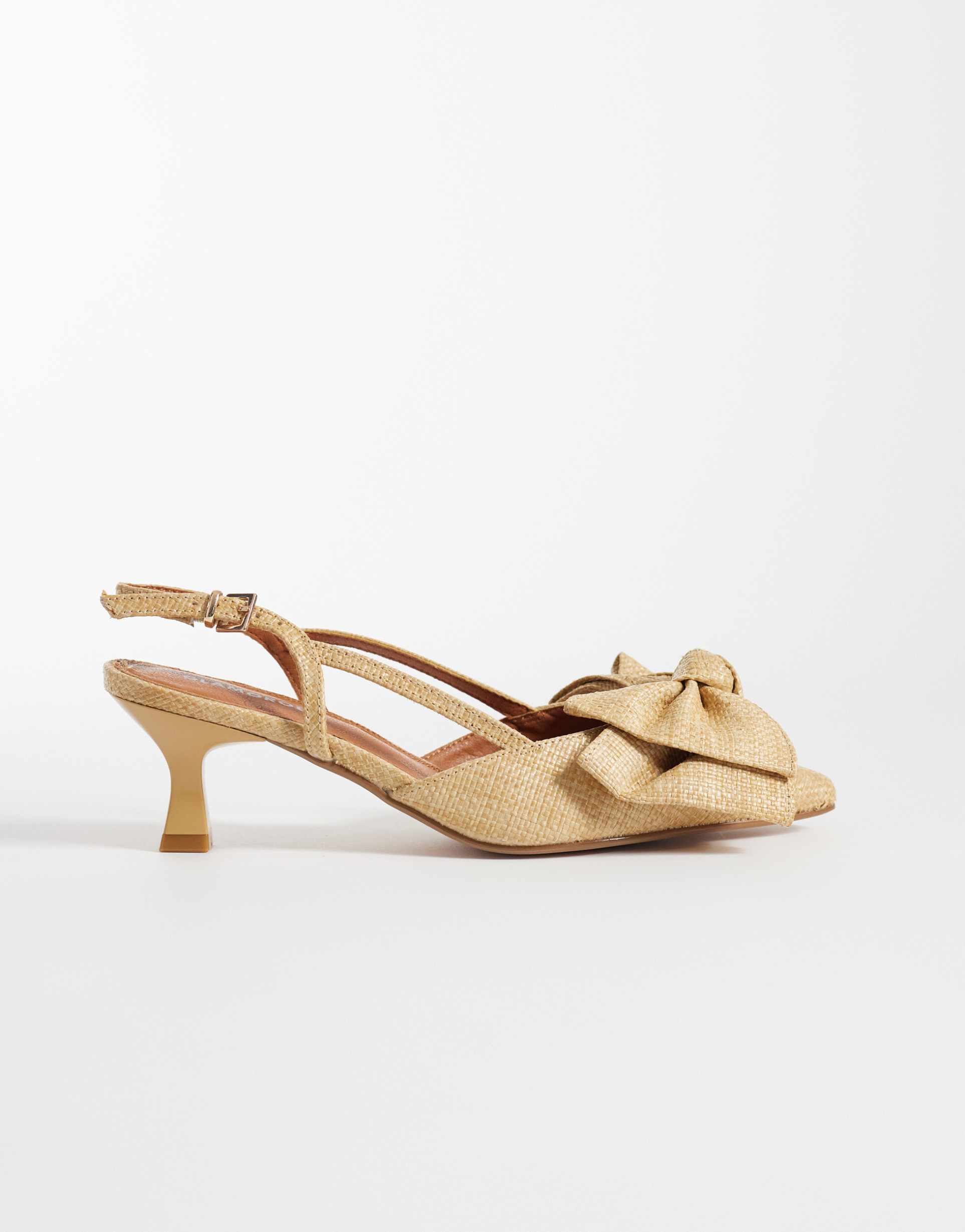 glamorous kitten heel shoes with bows in raffia