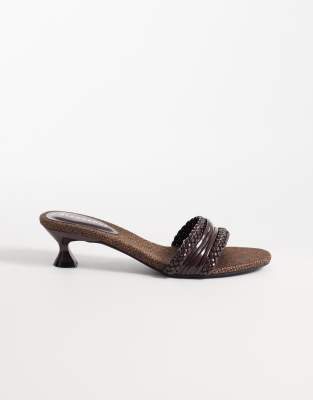 Glamorous Kitten Heeled Woven Sandals In Brown