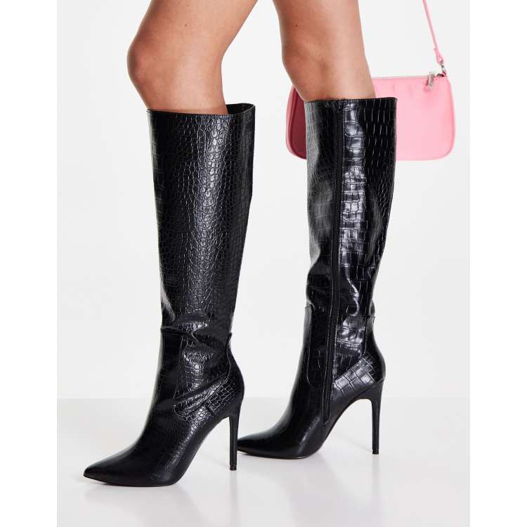 Glamorous knee high heel boot in black croc