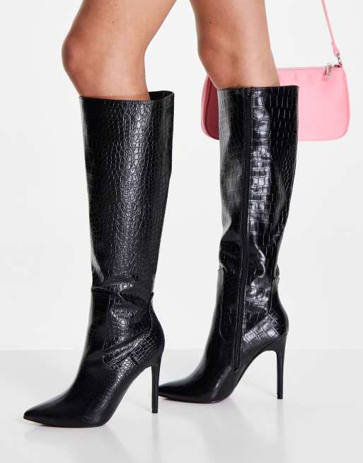 Black croc 2025 knee high boots