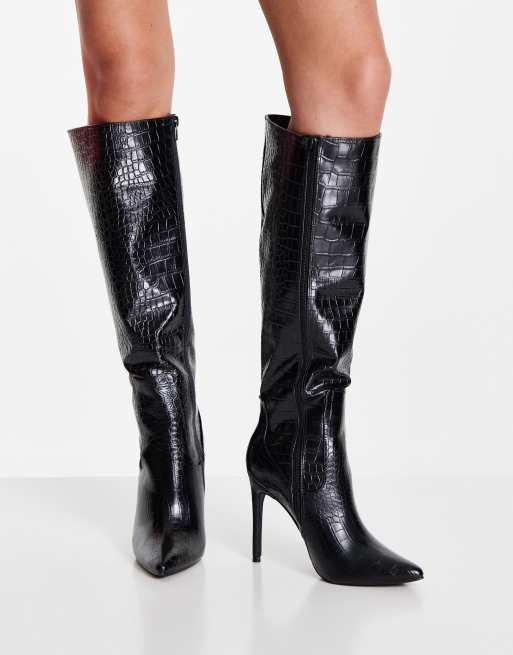 グラマラス Glamorous knee high heel boot in black croc レディース-