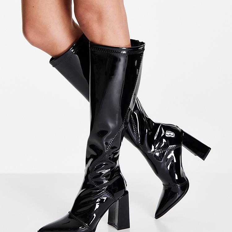 Glamorous knee high heel boot in black stretch patent
