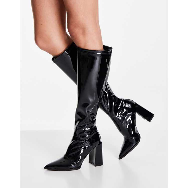 Glamorous knee high heel boot in black stretch patent