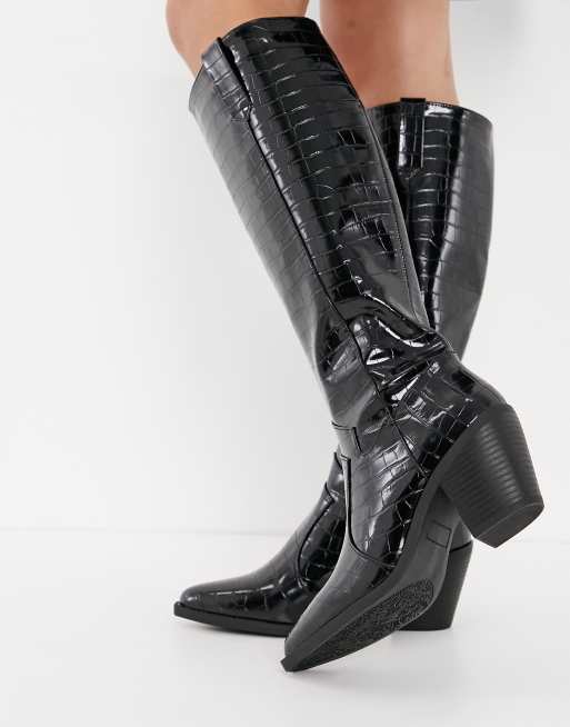 グラマラス Glamorous knee high heel boot in black croc レディース-