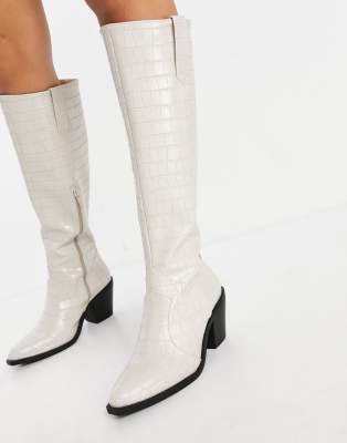 Glamorous knee high western boots in bone croc-White