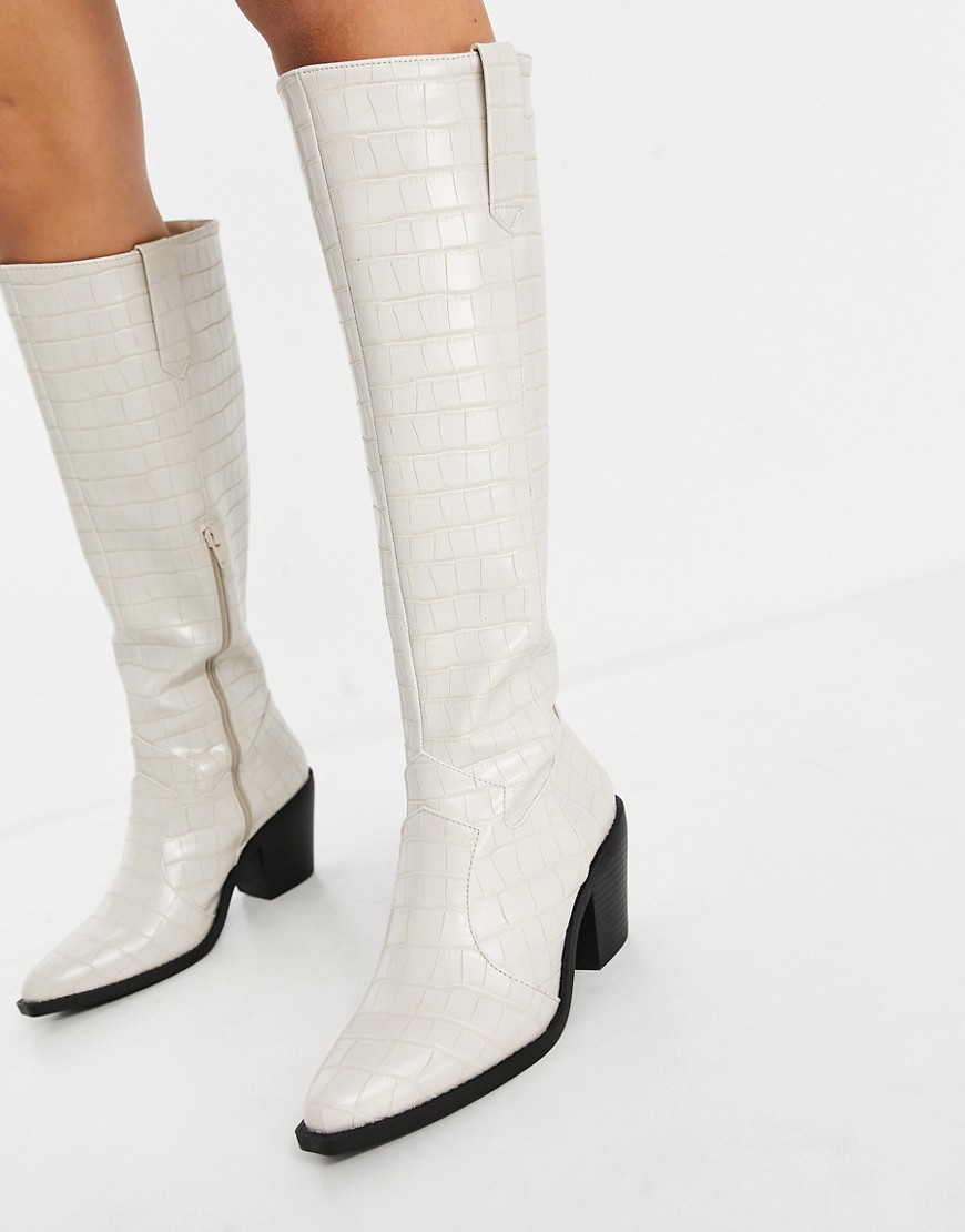 Glamorous Knee High Western Boots In Bone Croc-white